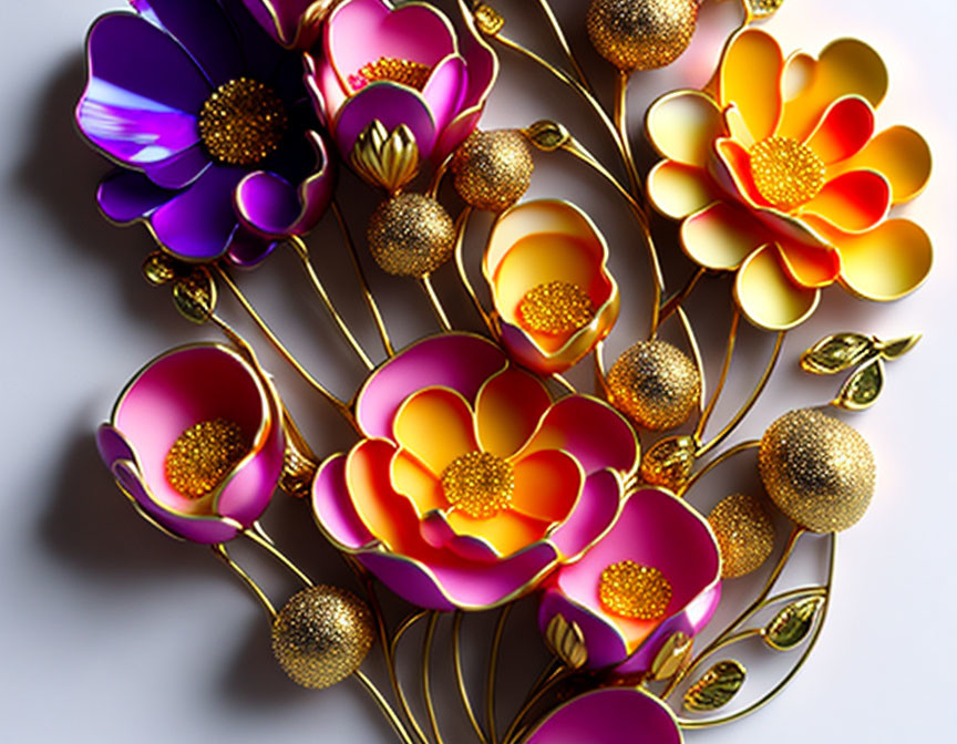 Colorful Metallic Flowers with Gold Accents on Light Background