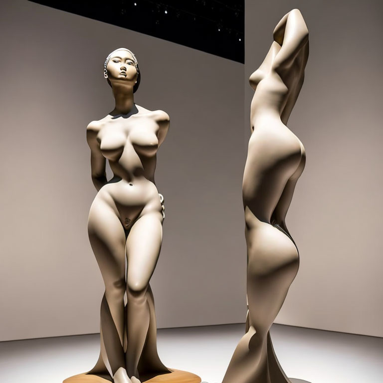 Stylized female figure sculptures: detailed vs. abstract, displayed in gallery