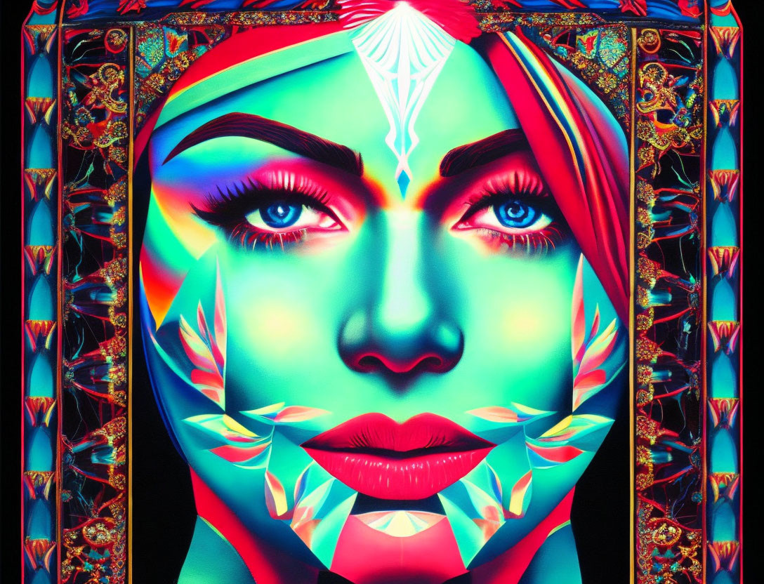 Colorful futuristic portrait of a woman with symmetrical patterns.