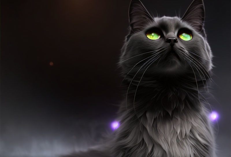 Long-Haired Gray Cat with Green Eyes on Dark Background