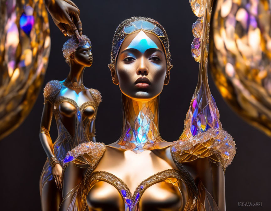 Regal woman in blue makeup and golden futuristic attire surrounded by ornate metallic structures