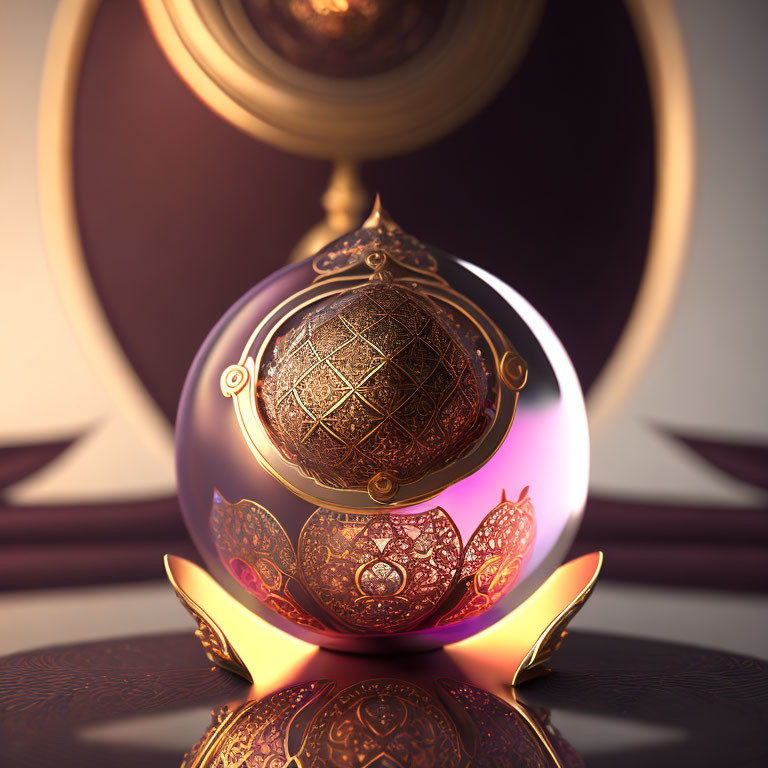 Intricate golden Fabergé egg on elegant stand in warm setting