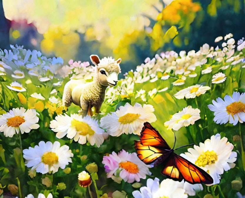 Toy lamb with butterfly in vibrant garden scene