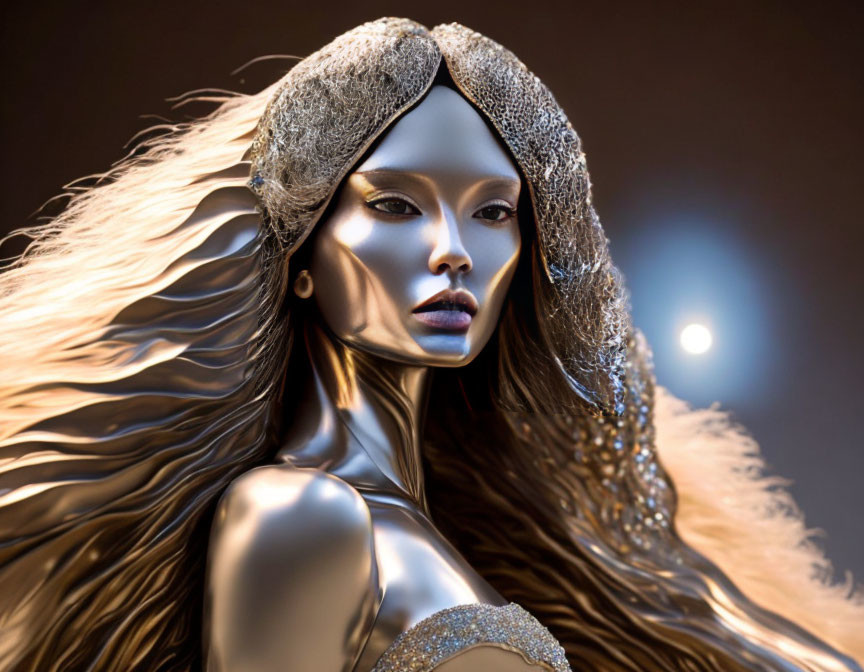 Metallic Female Figure Portrait with Flowing Hair and Ornate Headpiece