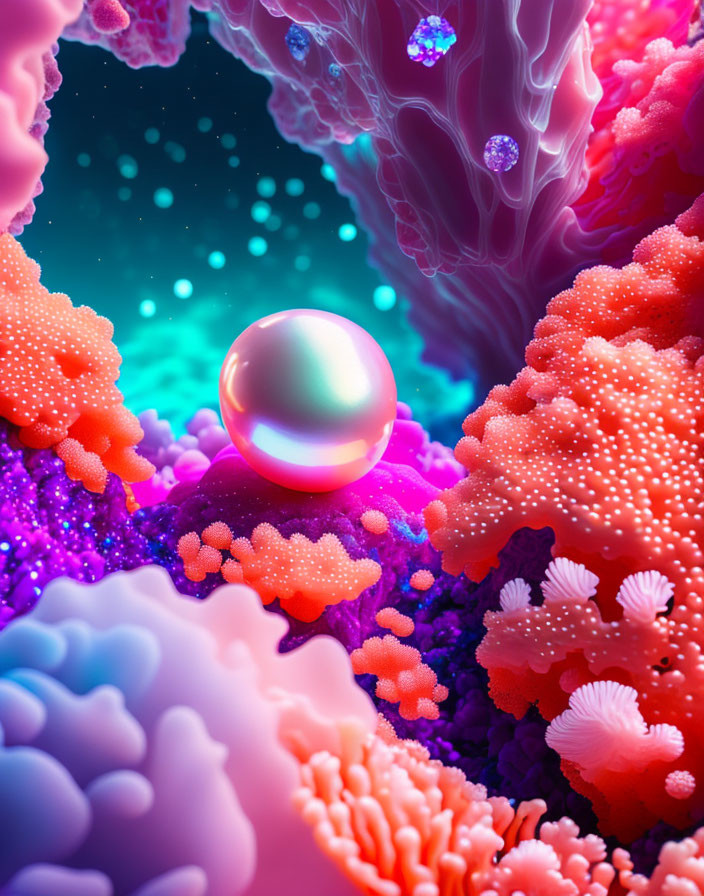 Surreal landscape with luminescent pearl and colorful coral structures