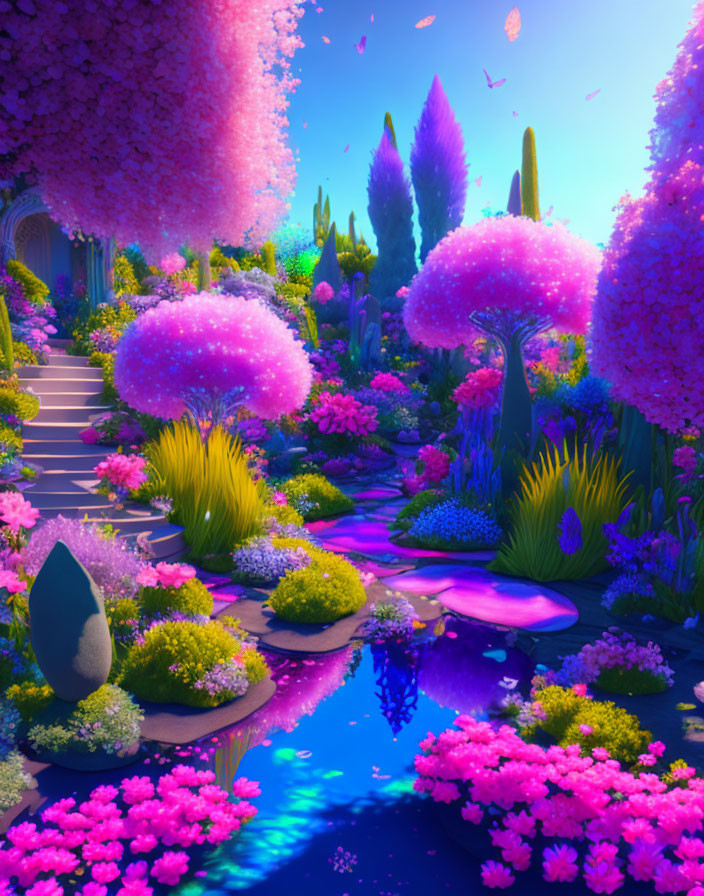 Lush Pink Trees and Reflective Blue Pond in Fantastical Garden