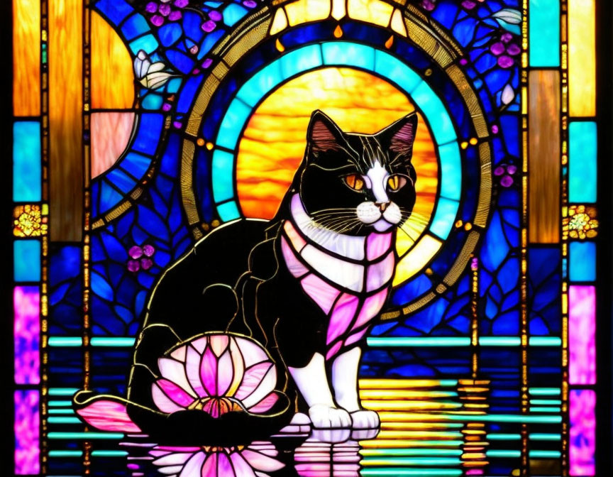 Stained Glass Artwork: Tuxedo Cat and Pink Flower on Blue Background