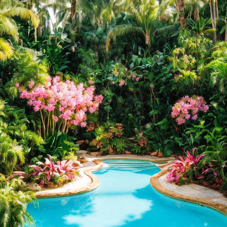 Tranquil oasis with blue pool, greenery, and pink flowers