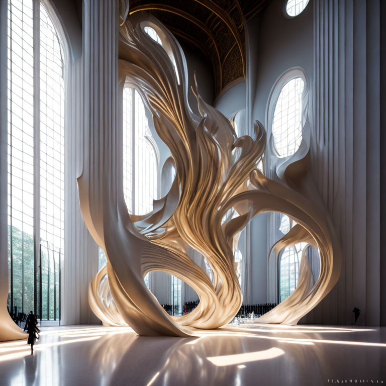 Organic wooden sculpture in modern interior with white columns