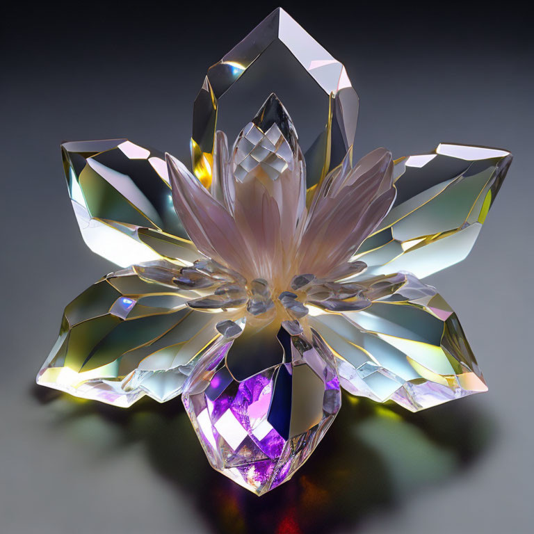 Multifaceted Crystal Lotus Flower in Yellow, Purple, and Clear Tones