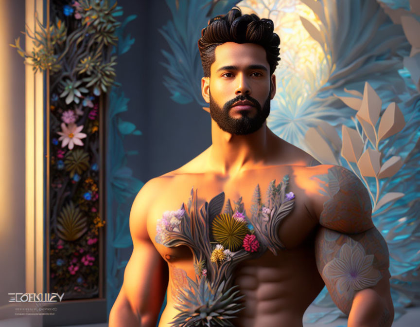 Bearded man with floral elements in digital art