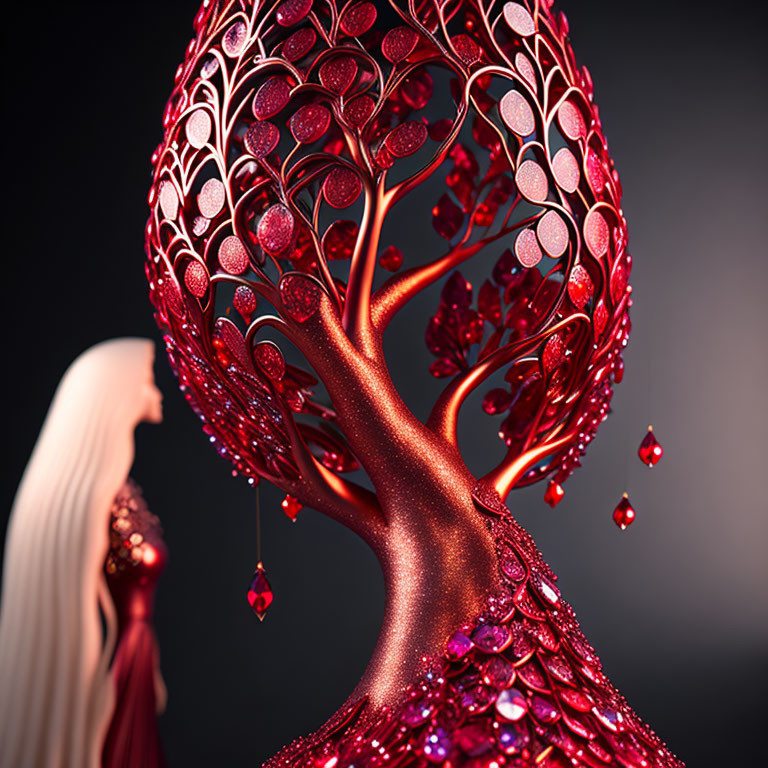 Surreal image of woman and luminous red tree with crystal-like leaves