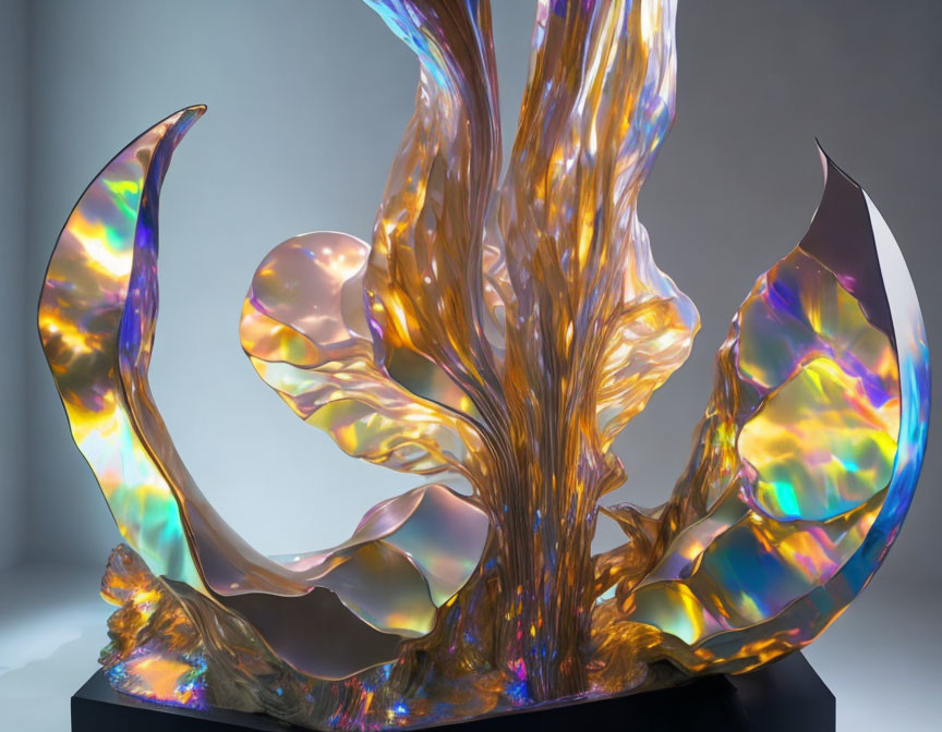 Iridescent Glass Sculpture: Organic Leaf and Flame Shapes, Colorful Kaleidoscope