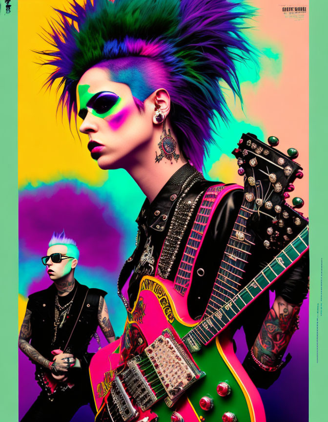 Vibrant punk fashion portrait with spiked hair, colorful makeup, tattoos, and guitar