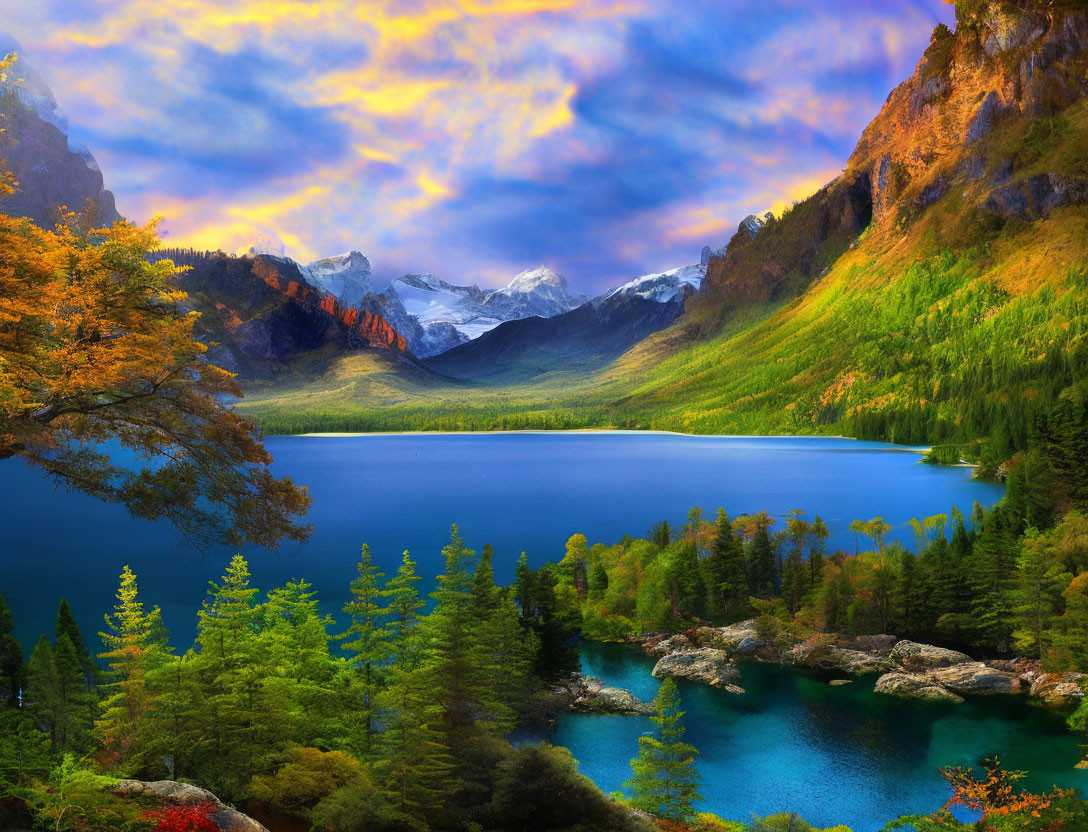 Vibrant autumn mountain landscape with blue lake and snow-capped peaks