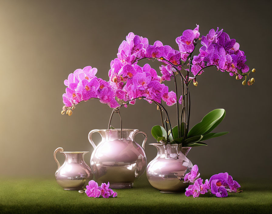 Purple orchids in metallic vases on green surface with gradient background