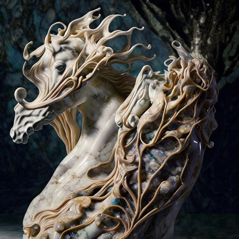 Detailed Seahorse Sculpture with Elaborate Wavy Tendrils