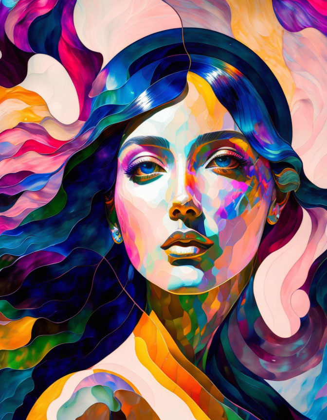 Colorful painting: Woman with flowing, multicolored hair against dynamic abstract background