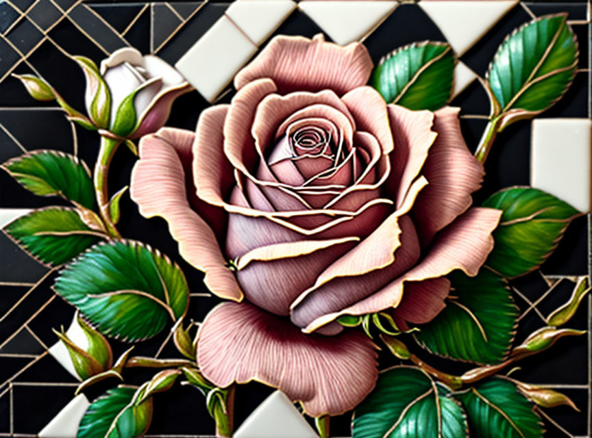 Detailed Pink Rose Mosaic on Geometric Black Background