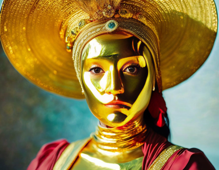 Person in Golden Face Paint and Elaborate Headpiece in Red and Gold Attire