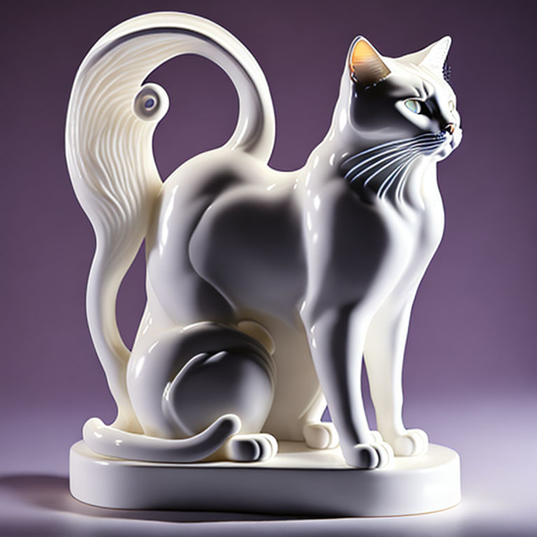 White and Grey Cat Porcelain Figurine with Whiskers and Swirling Tail