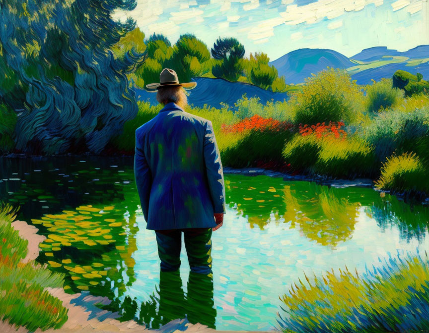 Person in Blue Suit and Hat by Tranquil Pond in Impressionist Style