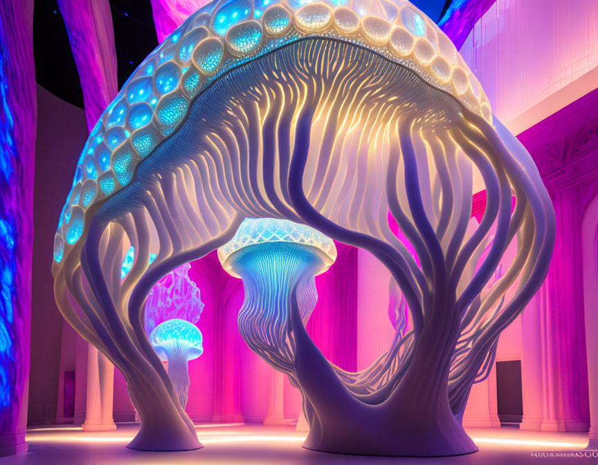 Glowing tree-like sculptures with intricate designs in purple and blue lighting