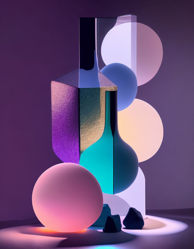 Translucent geometric shapes and spheres in pastel colors with soft lighting and dark angular objects.