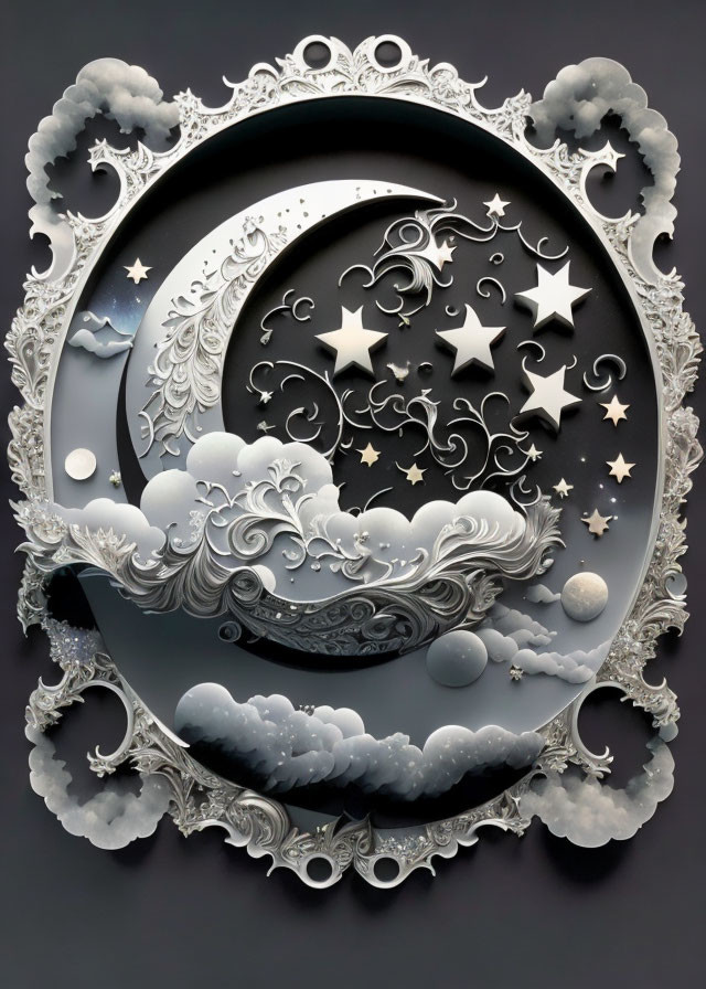 Celestial-themed paper art with crescent moon, stars, and clouds in ornate frame