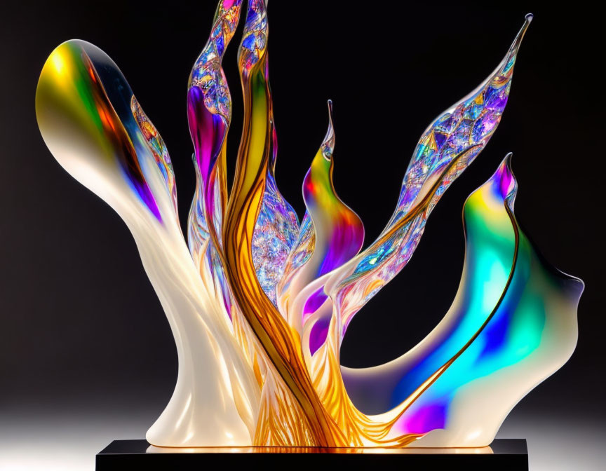 Colorful glass sculpture with flowing shapes on dark background