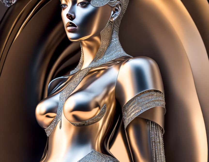 Futuristic female figure with metallic golden skin in 3D render