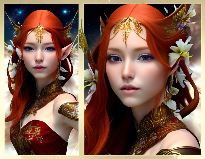 Fantasy elf woman digital artwork with red hair and golden headpiece