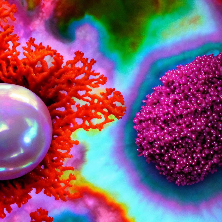 Macro image of pearl on vibrant coral with tie-dye background