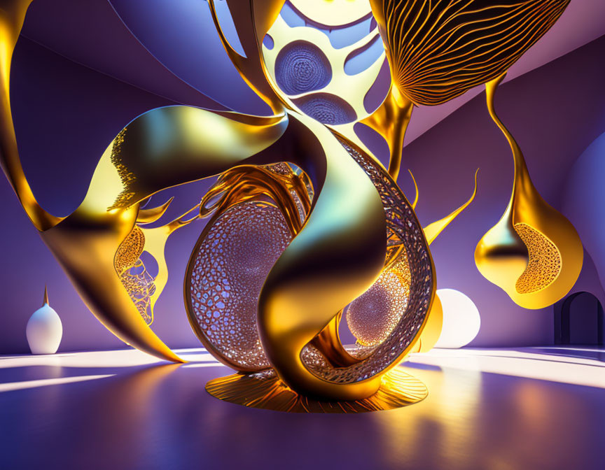 Abstract 3D Render with Swirling Golden Structures in Purple Room