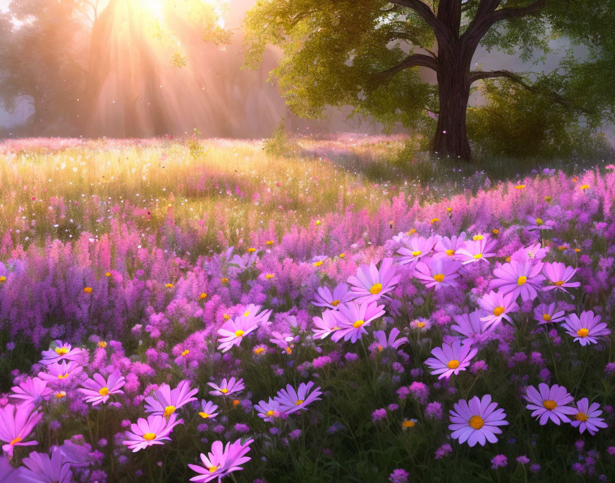 Sunlight on pink and white flowers in a tranquil meadow