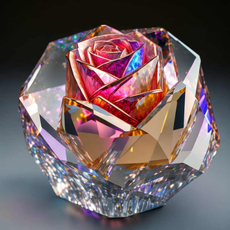 Vibrant pink and purple crystal rose in transparent structure