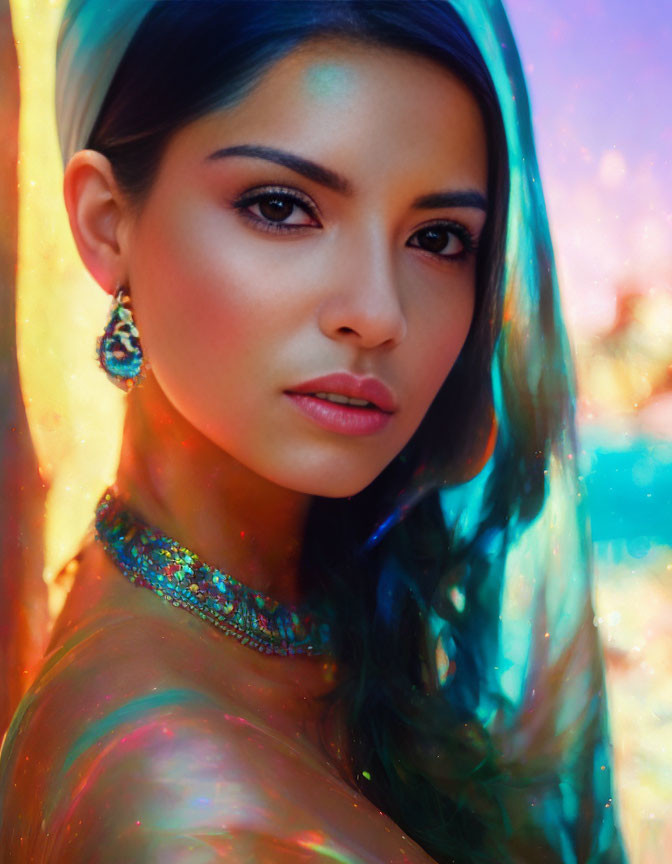 Portrait of woman with colorful bokeh lights, soft-focus background, and sparkling jewelry