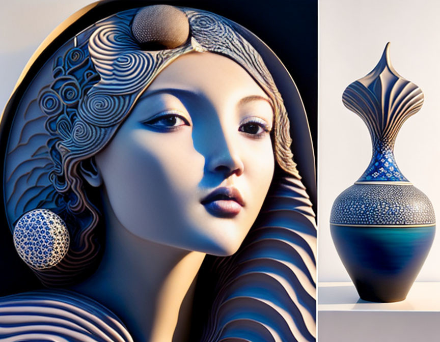 Stylized female figure and elegant vase with flowing lines and patterns