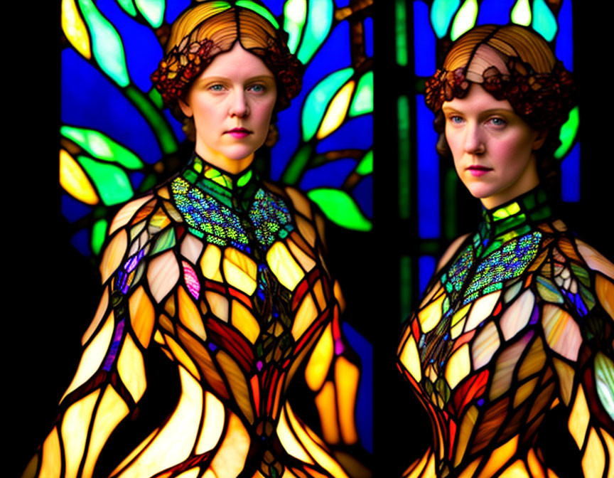 Fair-skinned woman in auburn hair wears vibrant stained glass costume with butterfly motif against stained glass