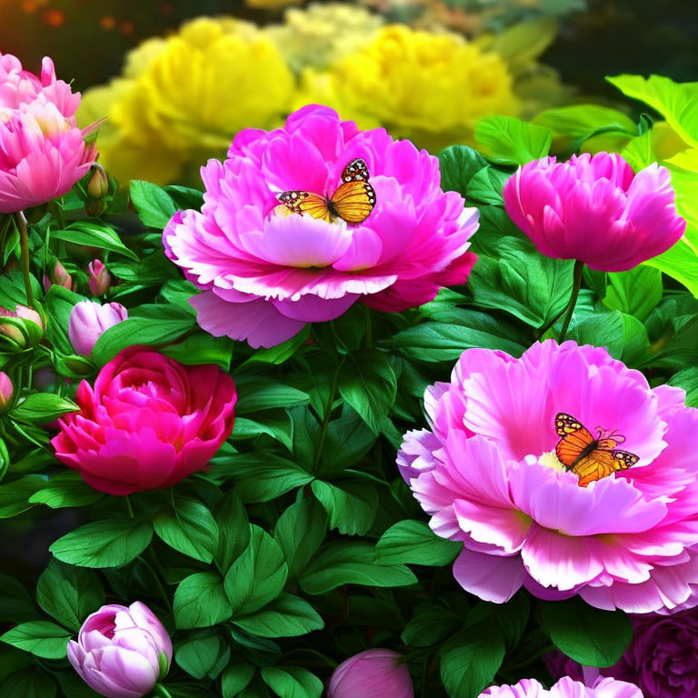 Colorful Pink and Yellow Peonies with Butterflies on Green Foliage