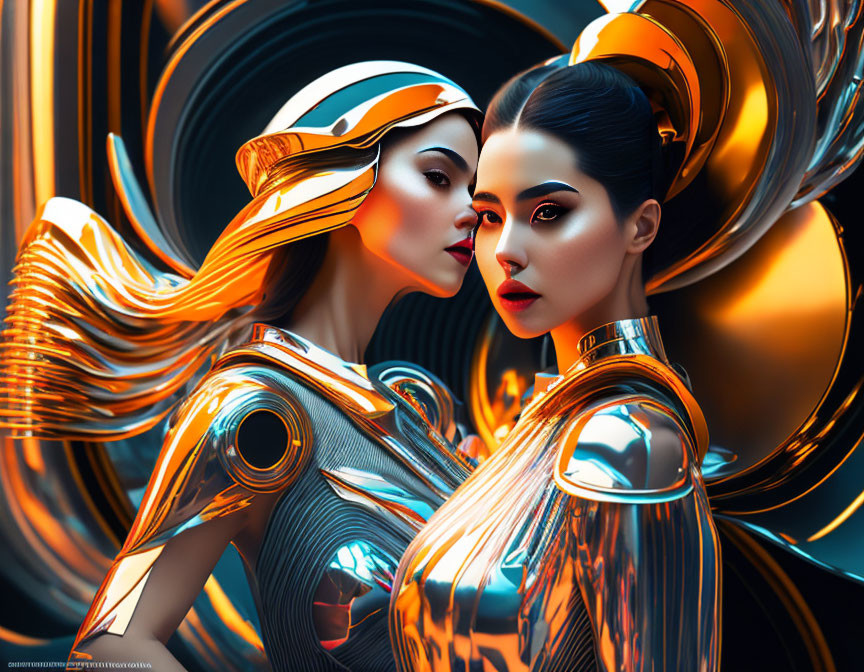 Futuristic female figures in metallic suits on geometric background