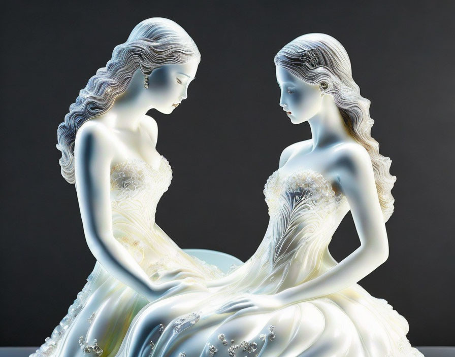 Porcelain figures: Elegant women in ornate dresses meeting gracefully