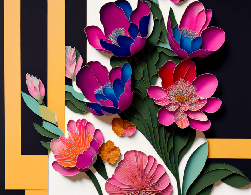 Vibrant Paper Art Flowers in Pink, Purple, and Red with 3D Effect