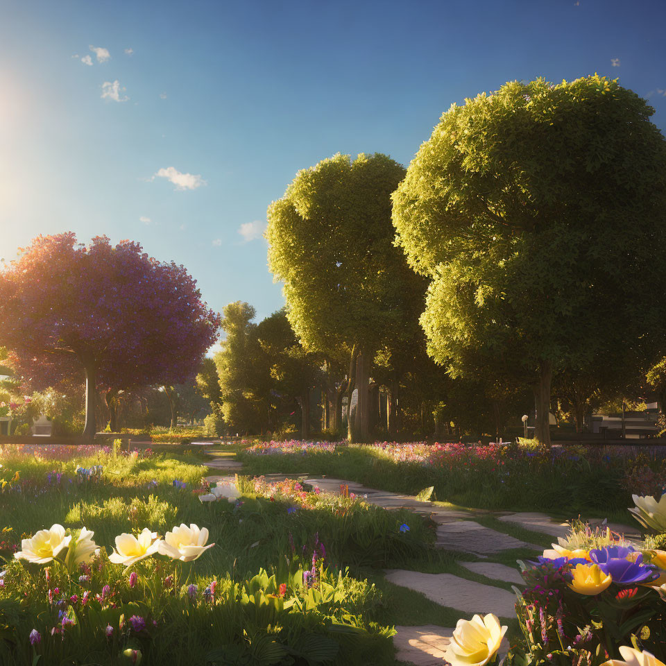 Tranquil Park with Lush Trees, Stone Pathway, and Vibrant Flowers