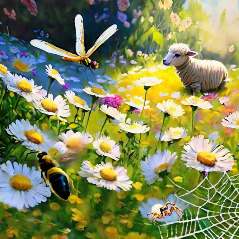 Colorful garden scene with sheep, insects, and flowers