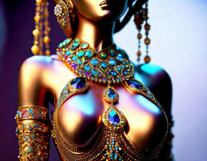 Mannequin adorned with gold and blue gemstone jewelry