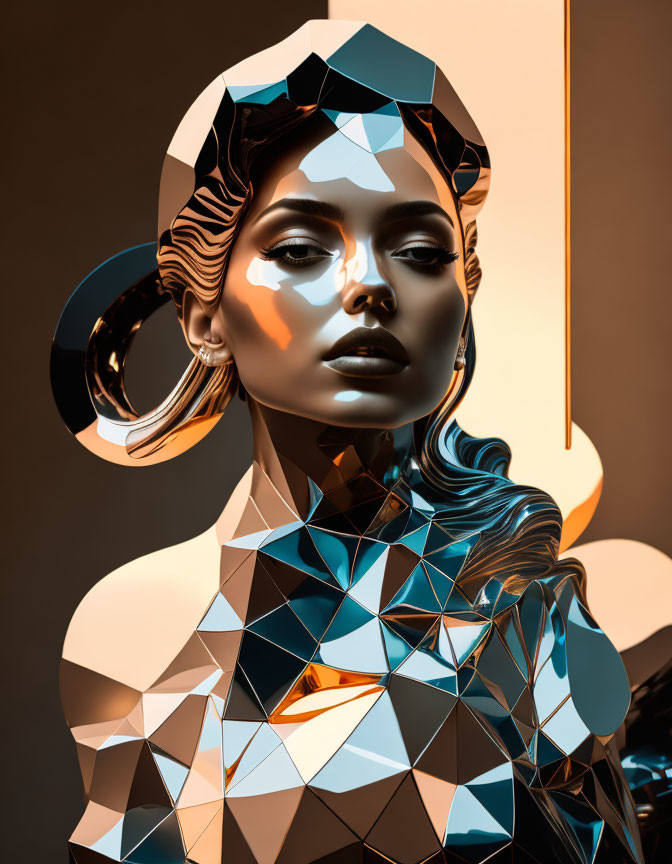 Fragmented Woman Digital Artwork with Gold and Silver Hues