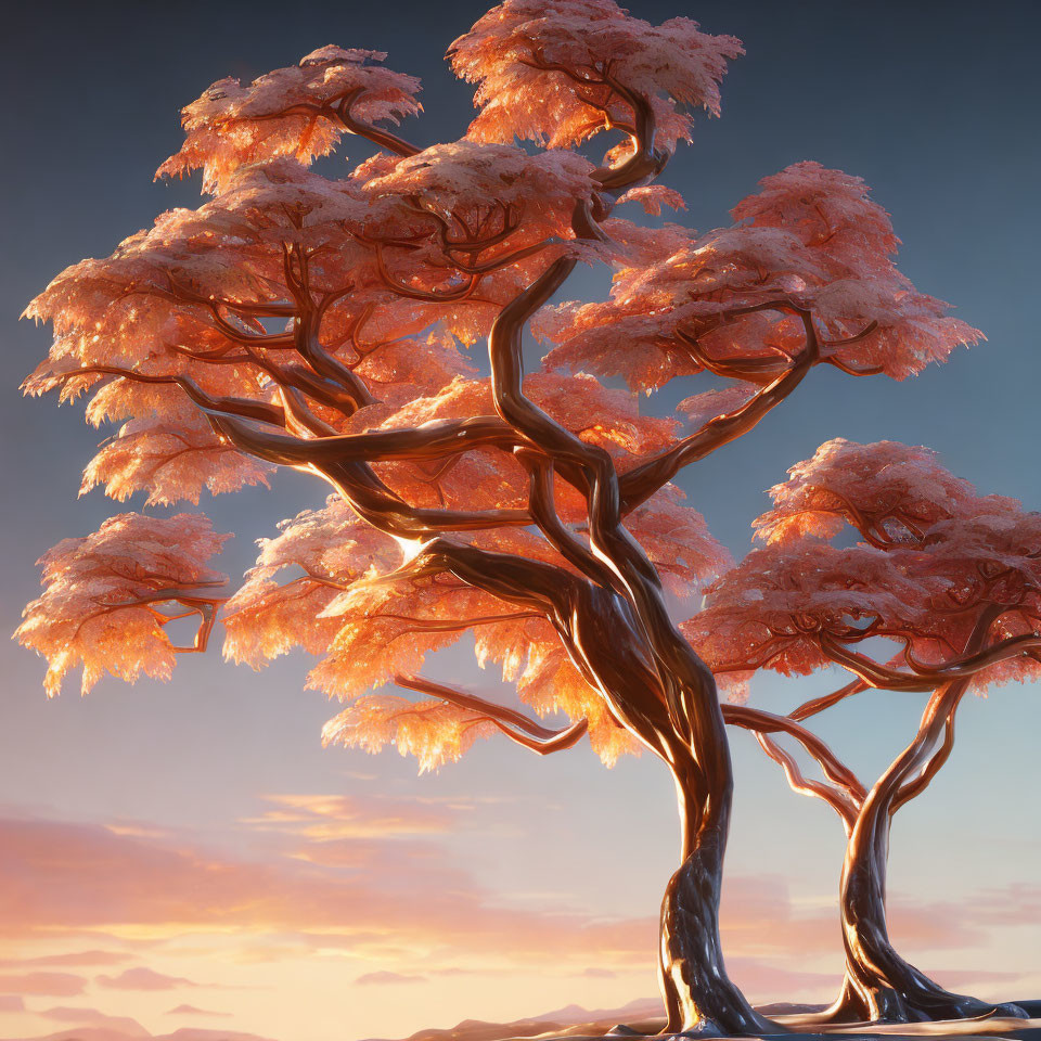 Cherry Blossom Trees Digital Artwork with Sunset Glow