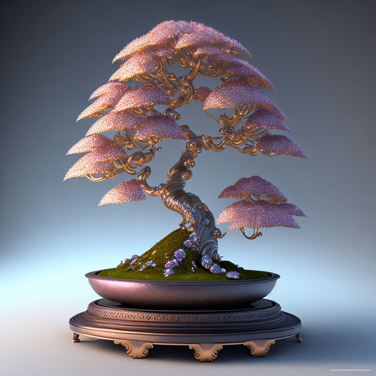 Stylized bonsai tree with twisted trunk and purple sparkly foliage on ornate stand