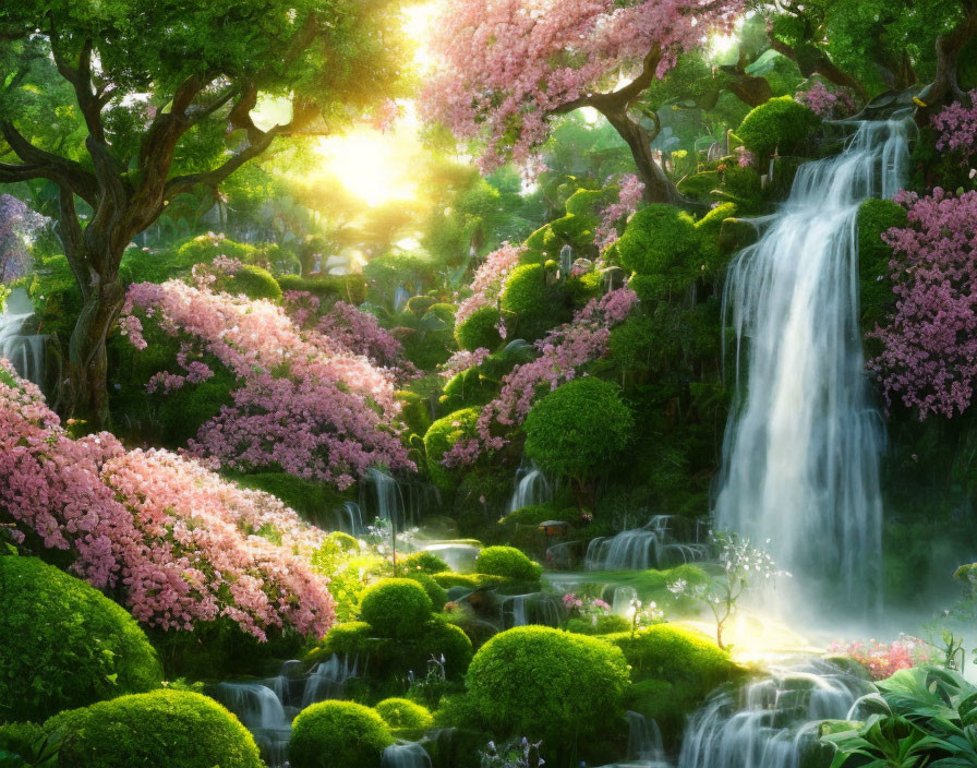 Scenic waterfall with lush greenery and pink blossoms